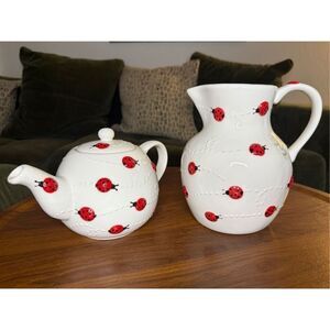 LANG Ladybug Teapot & Pitcher Set Hand Painted Raised Texture Ceramic NEW